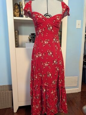 UO Red Western Motif Sweetheart Maxi Dress